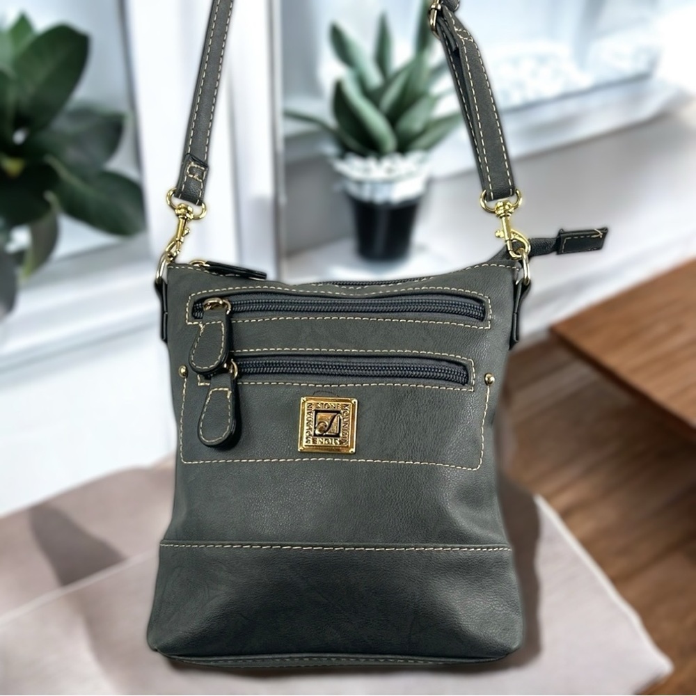 Stone Mountain Gray Vegan Leather Crossbody Bag with Gold-Tone Hardware